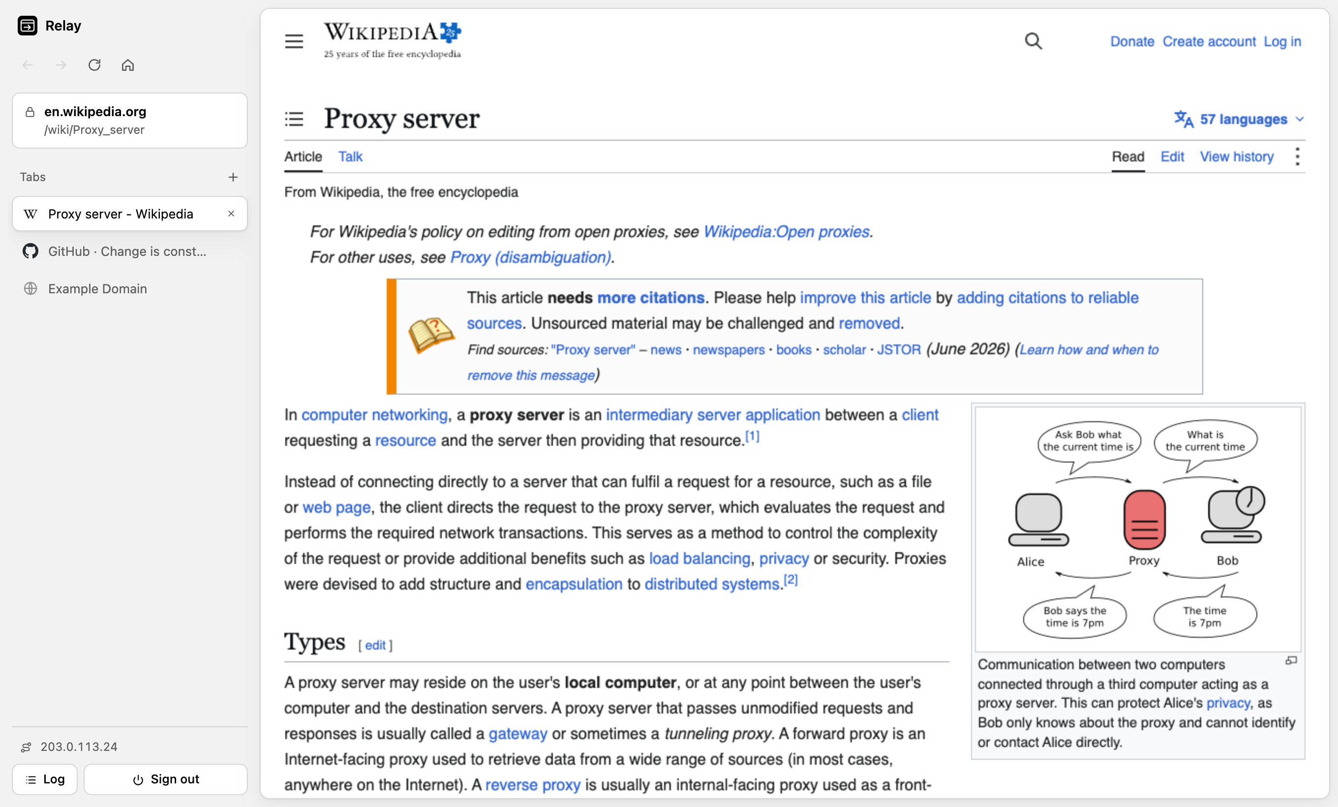 relay-browser with a Wikipedia article open and tabs in the left sidebar